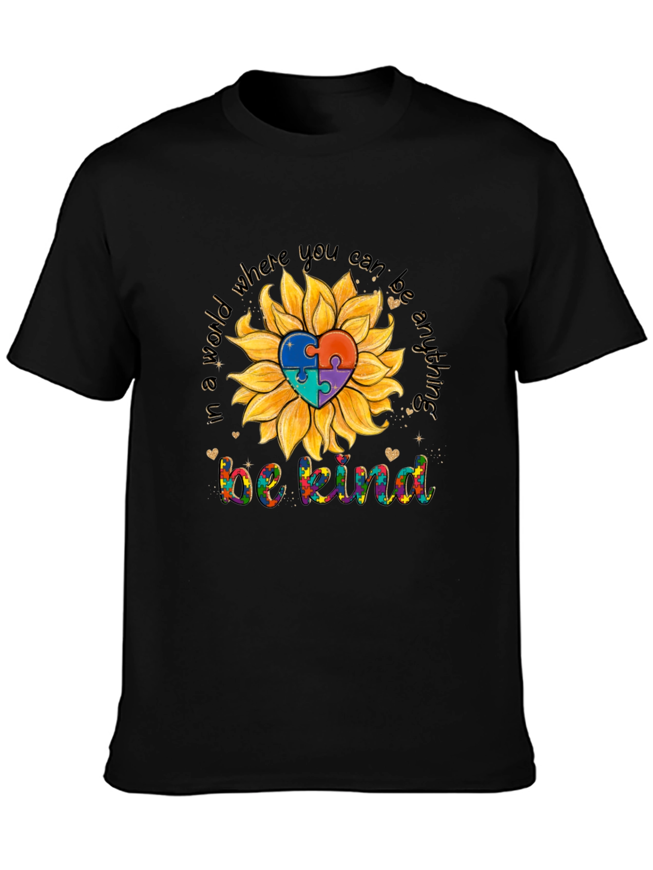 Be Kind Autism Awareness Sunflower Puzzle Heart T-Shirt