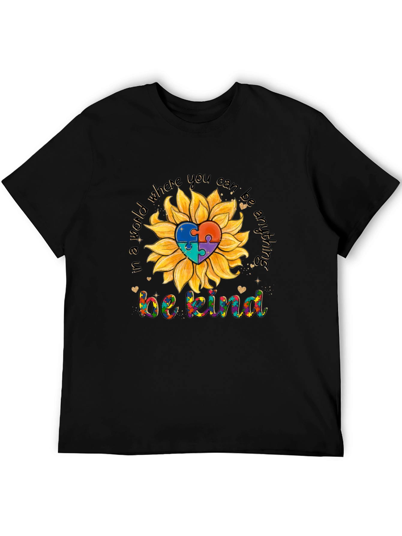 Be Kind Autism Awareness Sunflower Puzzle Heart T-Shirt