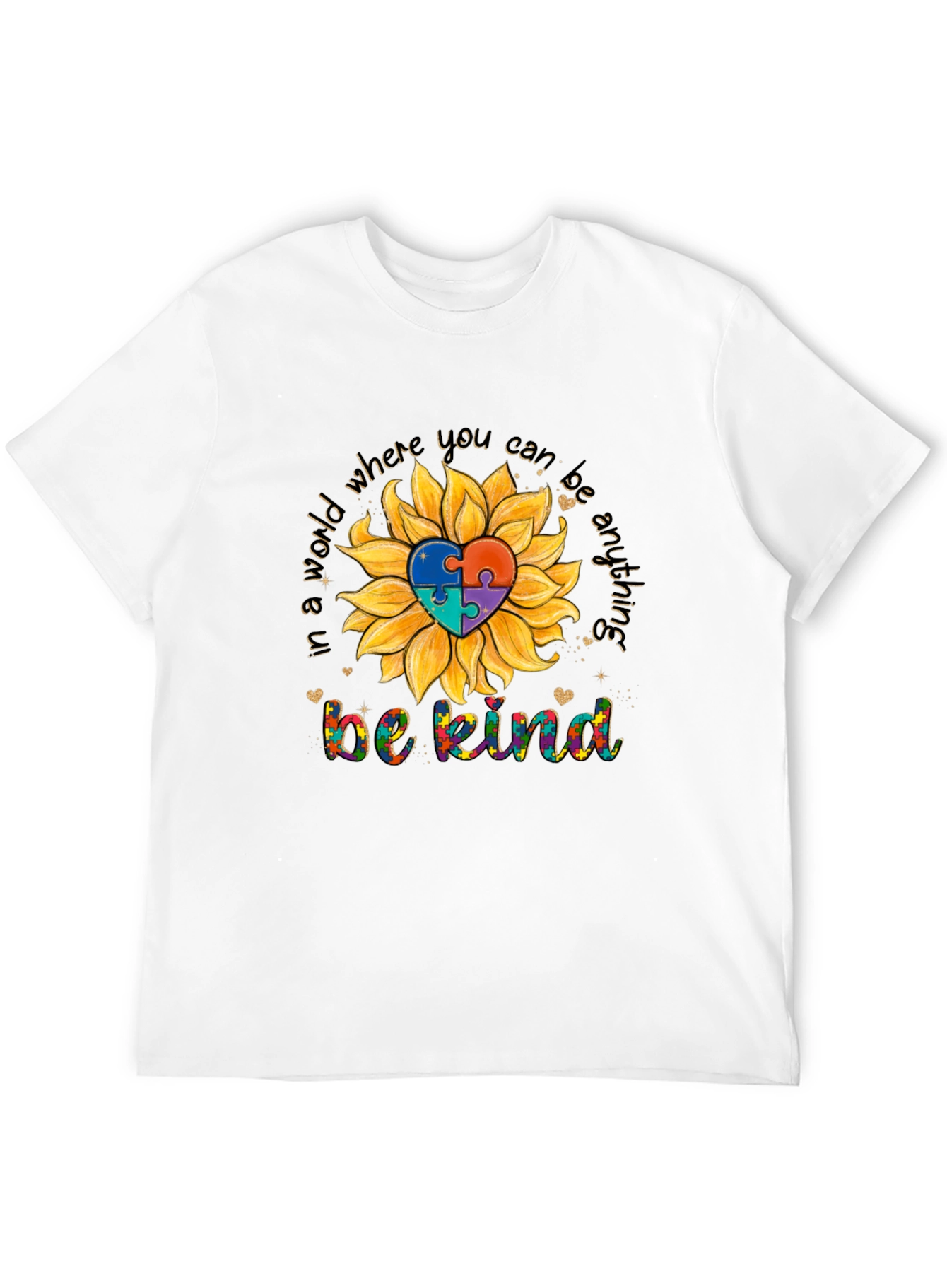 Be Kind Autism Awareness Sunflower Puzzle Heart T-Shirt