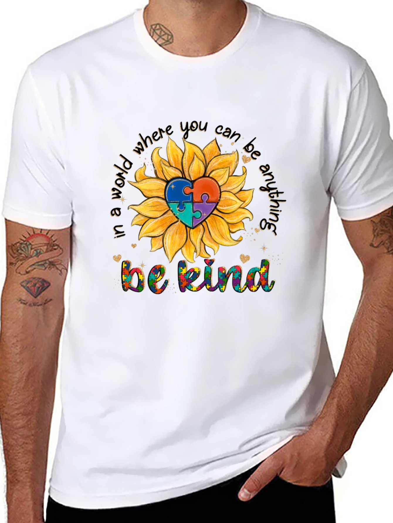 Be Kind Autism Awareness Sunflower Puzzle Heart T-Shirt