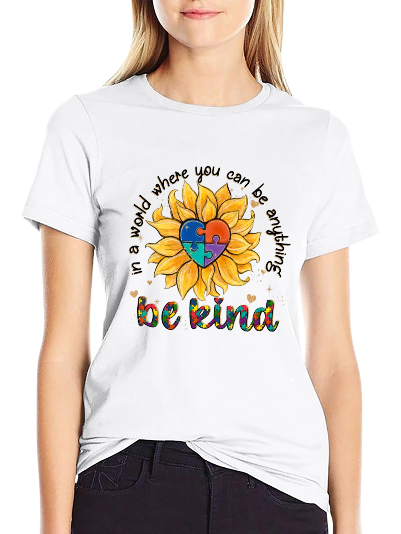 Be Kind Autism Awareness Sunflower Puzzle Heart T-Shirt