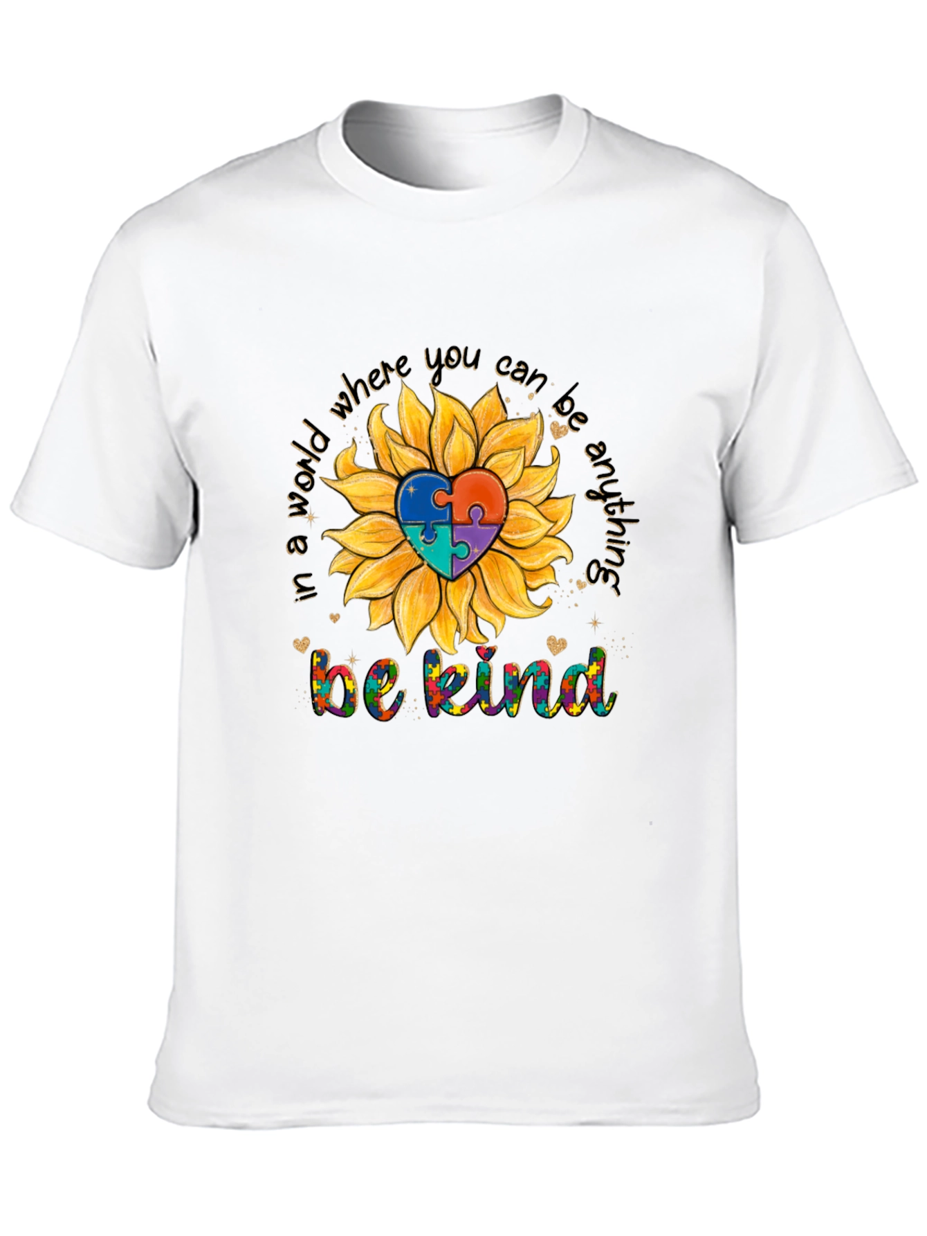 Be Kind Autism Awareness Sunflower Puzzle Heart T-Shirt