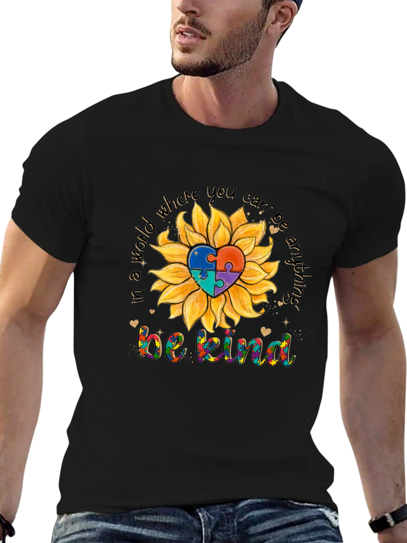 Be Kind Autism Awareness Sunflower Puzzle Heart T-Shirt