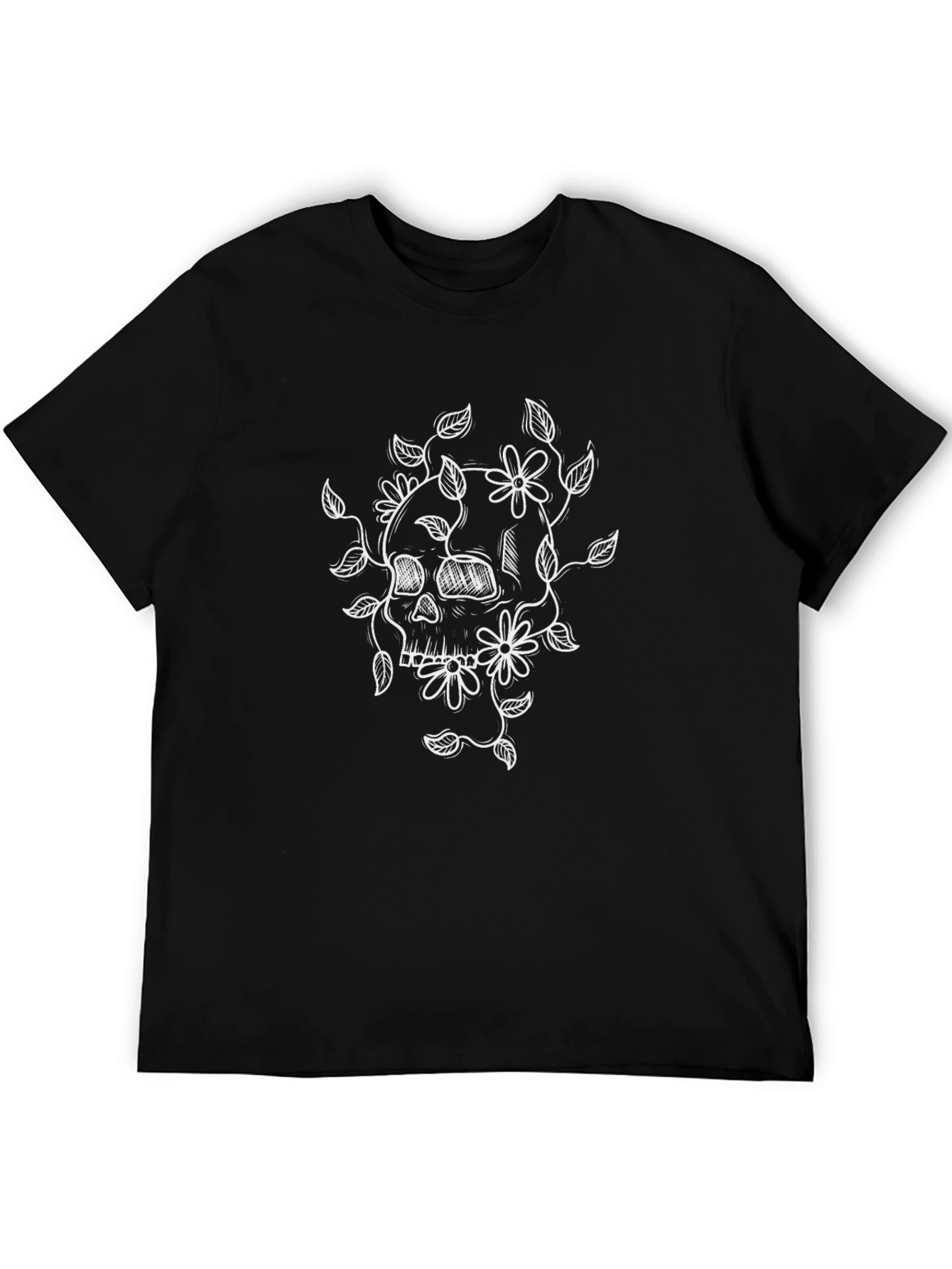 Skull and Floral Design Black T-Shirt