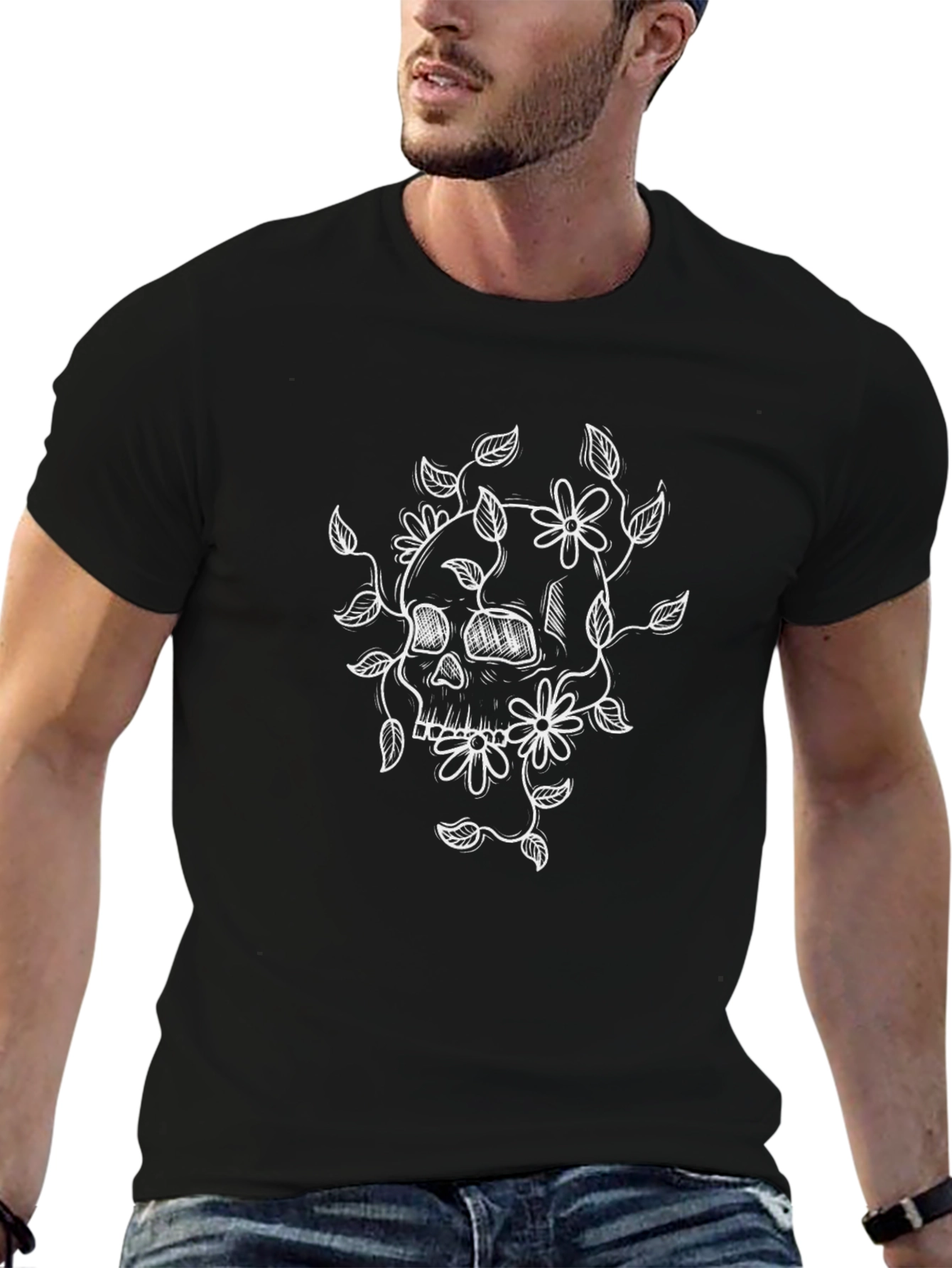 Skull and Floral Design Black T-Shirt