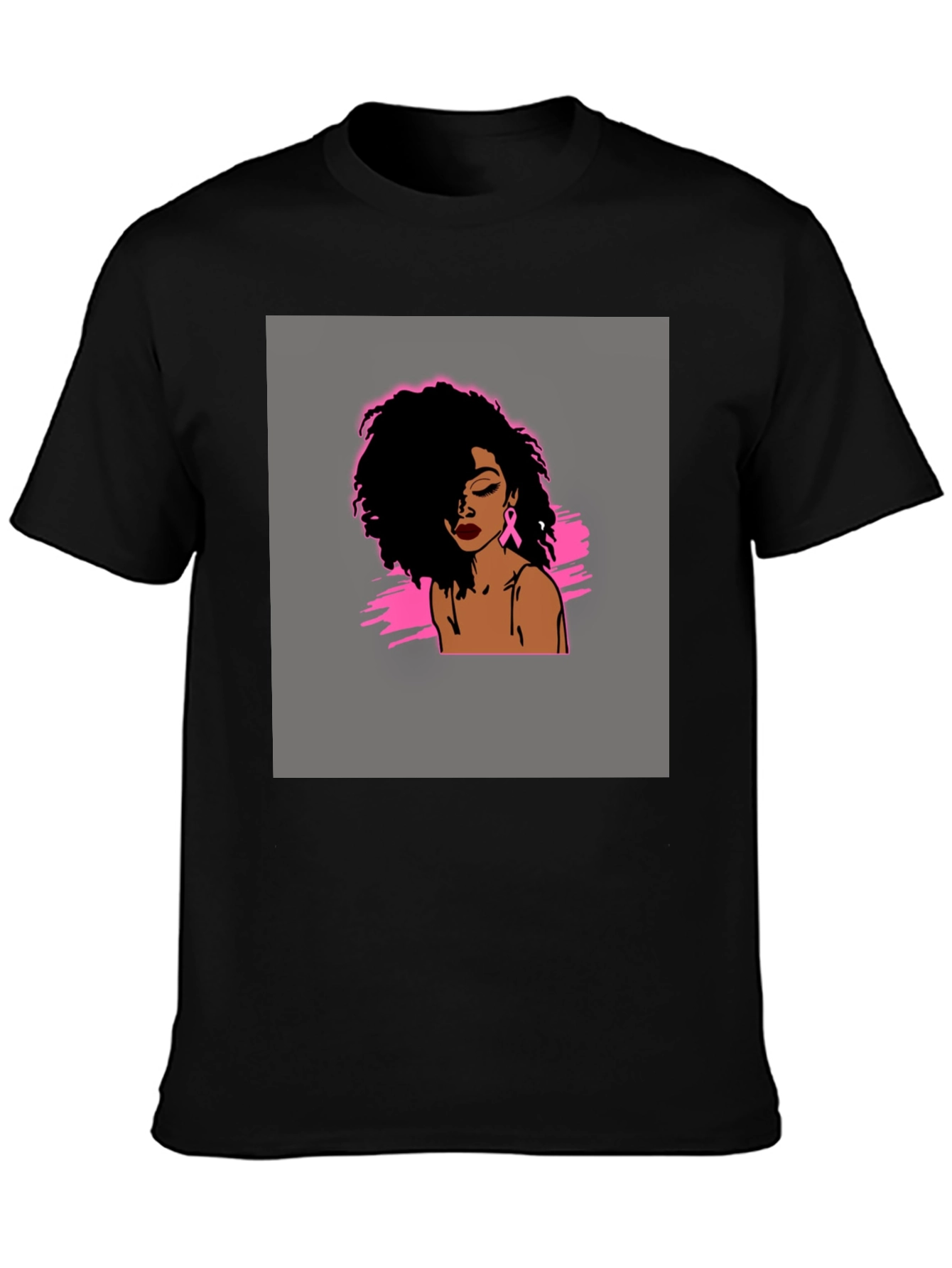 Black T-Shirt with Woman Breast Cancer Awareness Design