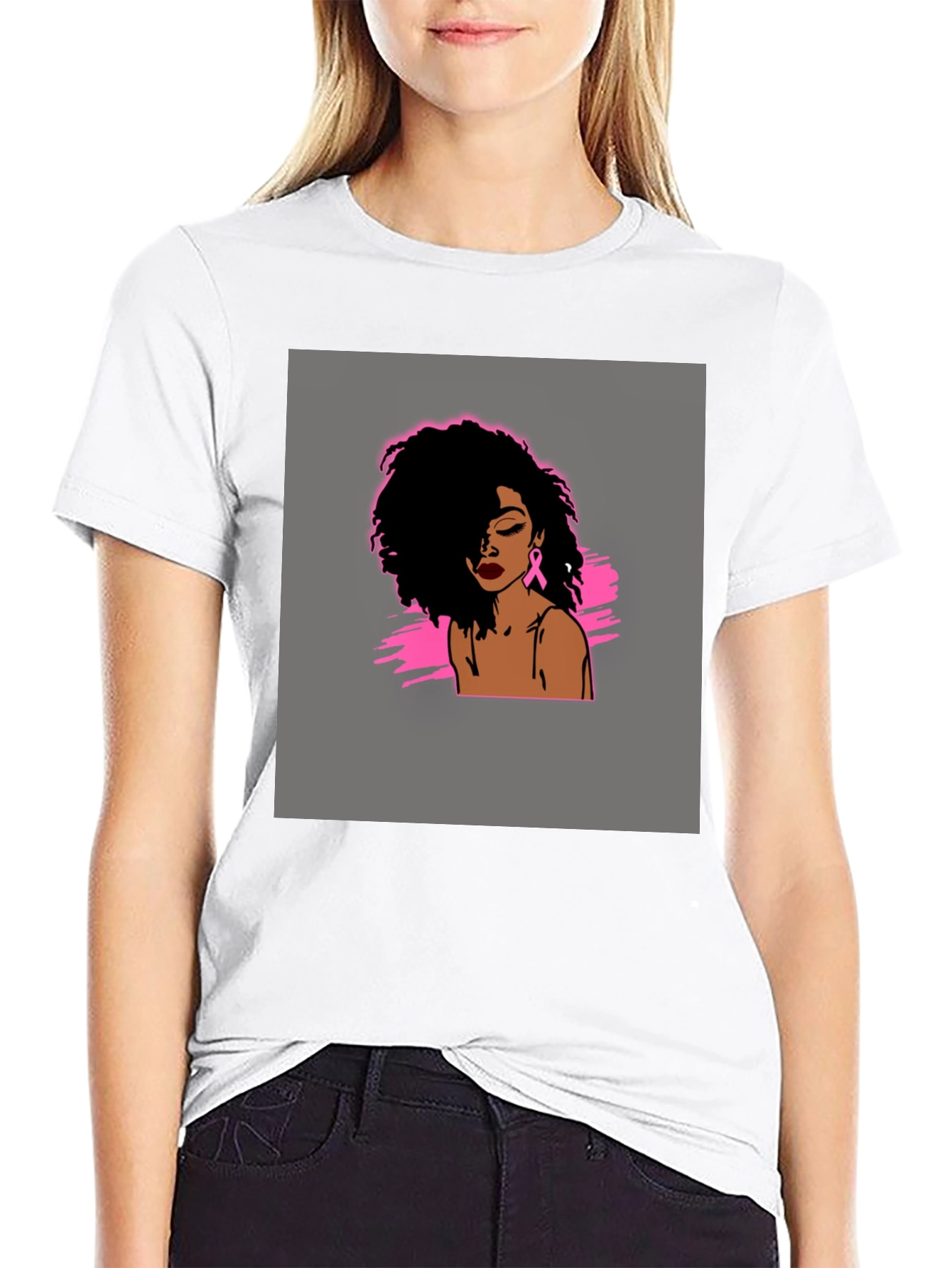 Black T-Shirt with Woman Breast Cancer Awareness Design