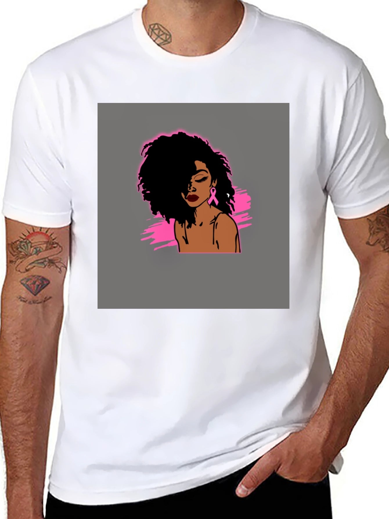 Black T-Shirt with Woman Breast Cancer Awareness Design