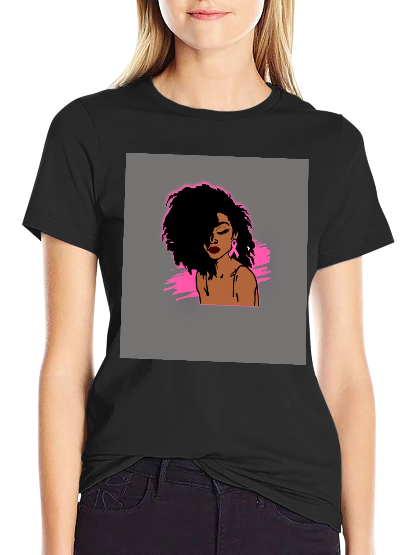 Black T-Shirt with Woman Breast Cancer Awareness Design