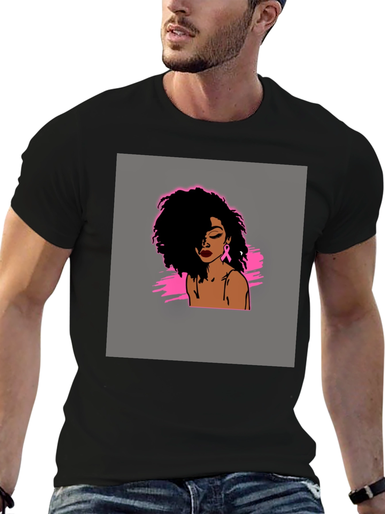Black T-Shirt with Woman Breast Cancer Awareness Design