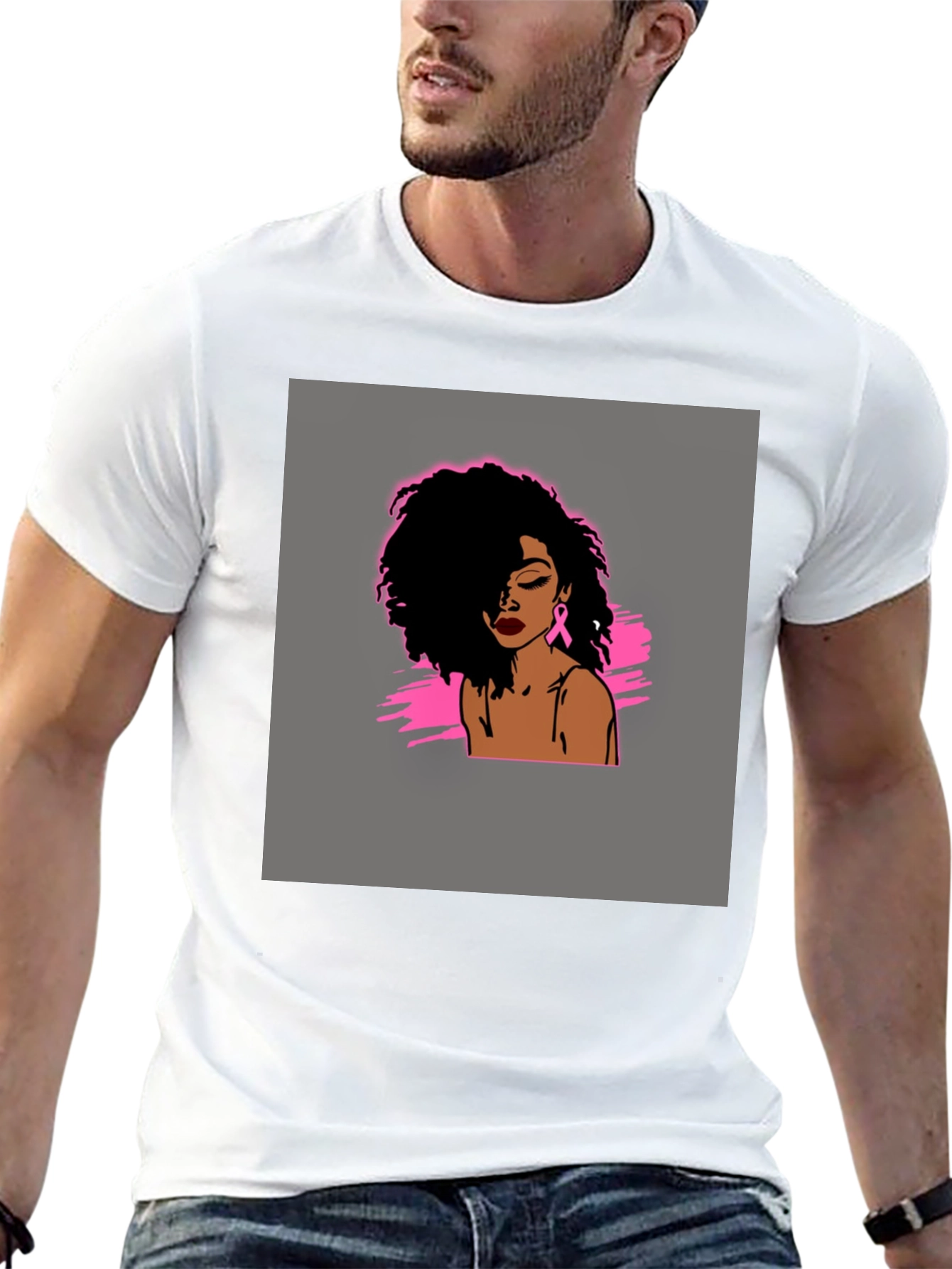 Black T-Shirt with Woman Breast Cancer Awareness Design