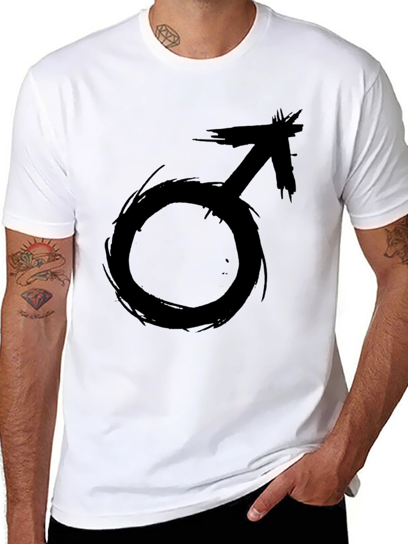Edgy Black T-Shirt with Grunge Male Symbol