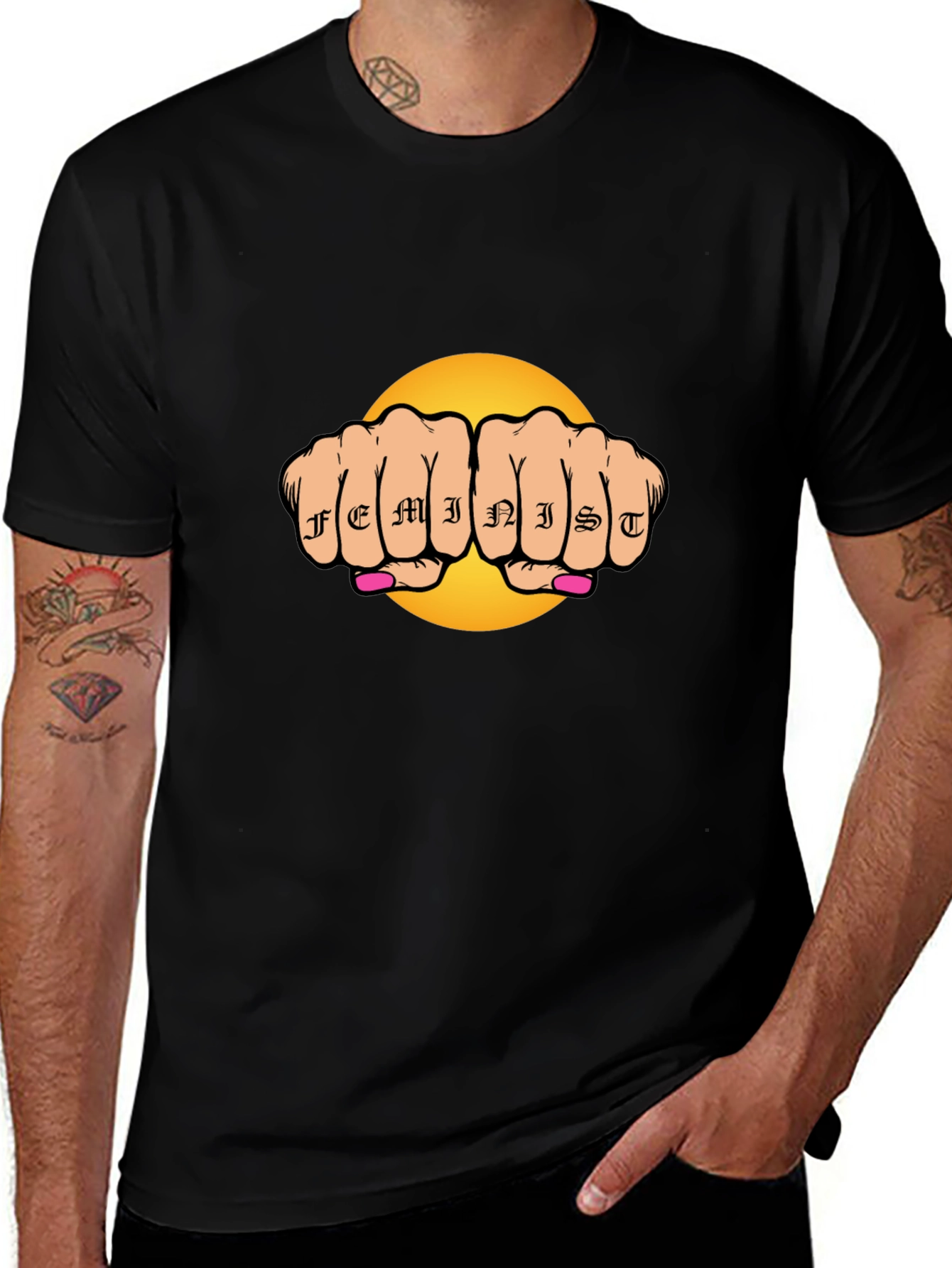 Feminist Tattoo Fist Graphic Black T-Shirt