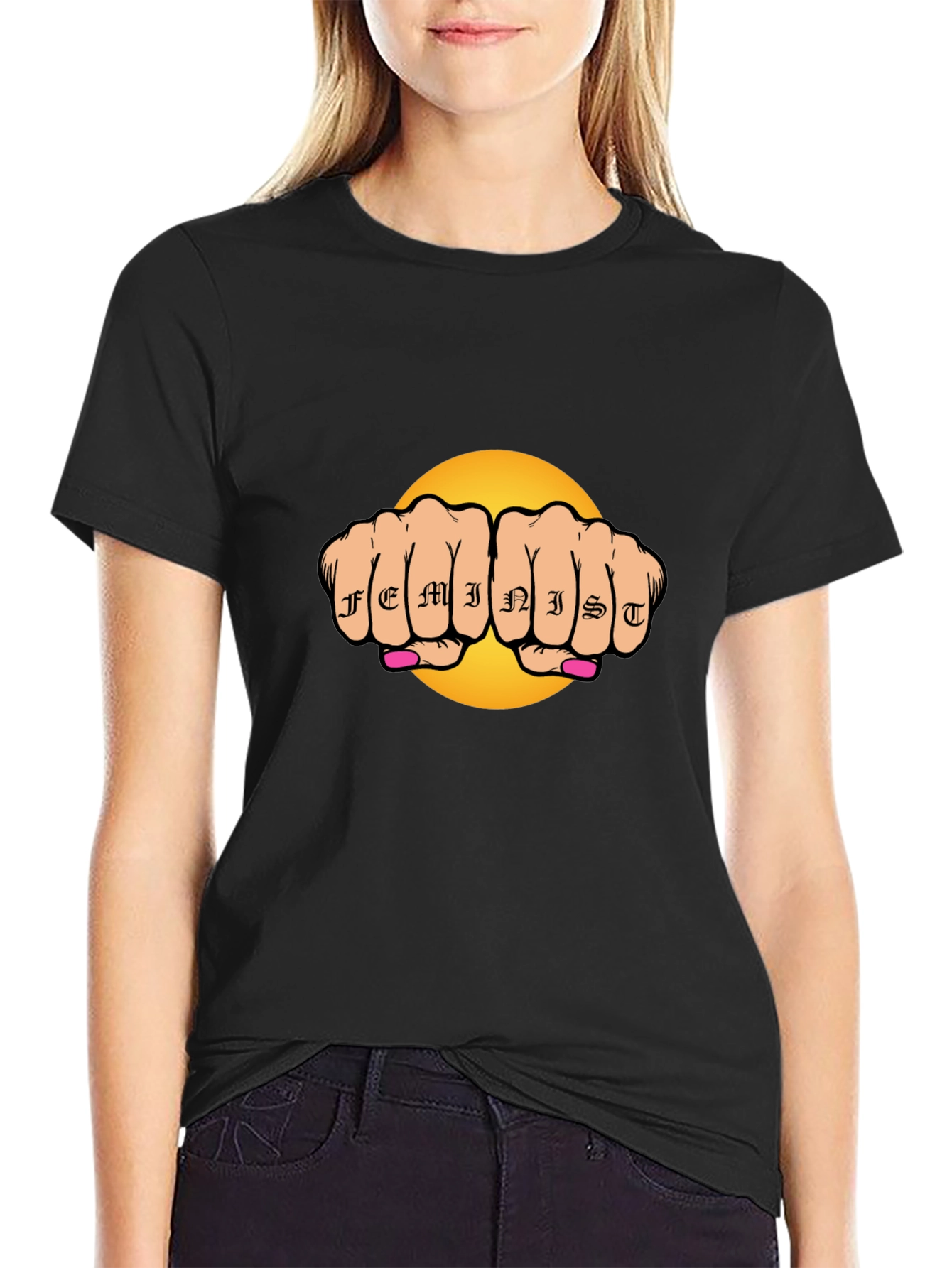 Feminist Tattoo Fist Graphic Black T-Shirt