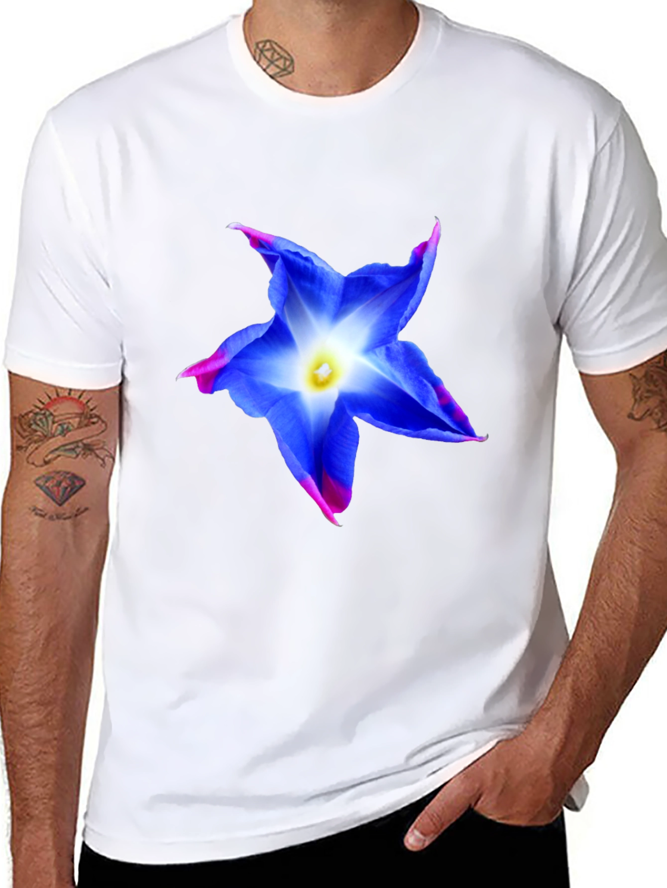 Blue Flower Graphic Tee - Stylish Mens Black T-Shirt