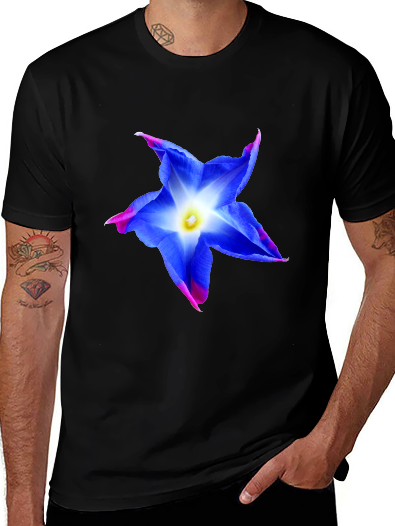 Blue Flower Graphic Tee - Stylish Mens Black T-Shirt