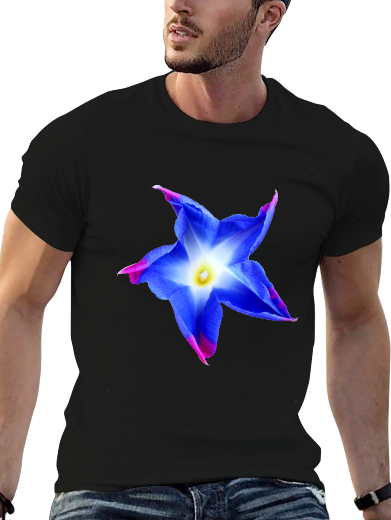 Blue Flower Graphic Tee - Stylish Mens Black T-Shirt