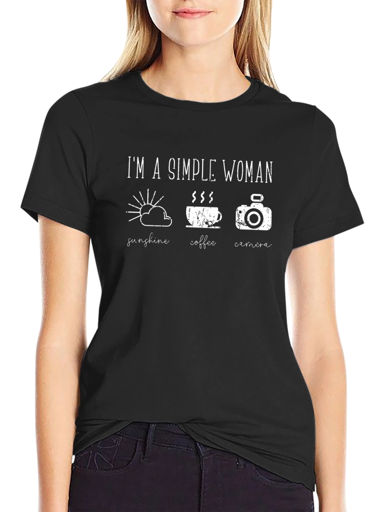 Simple Woman T-Shirt: Sunshine Coffee Camera
