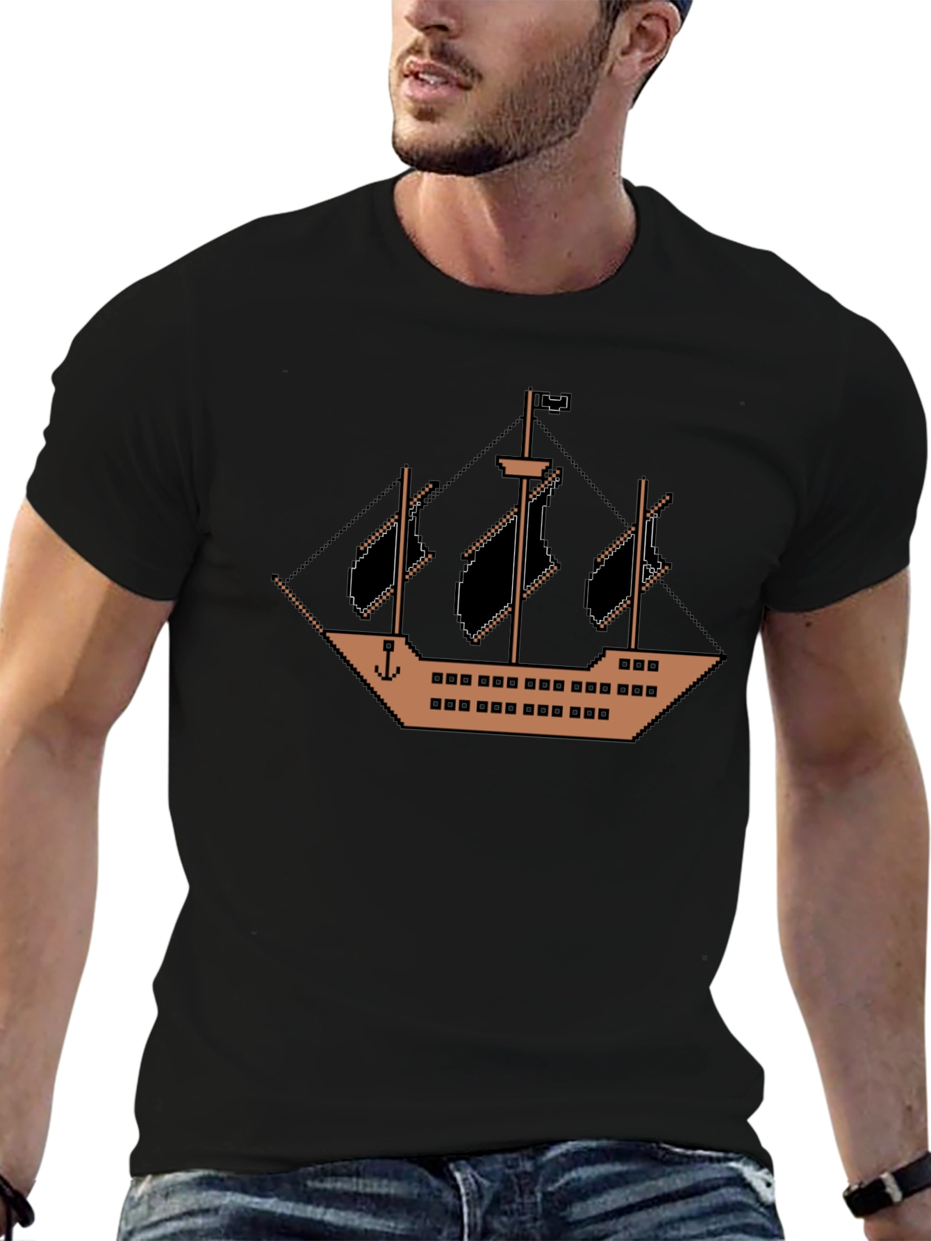 Pixel Pirate Ship Black T-Shirt