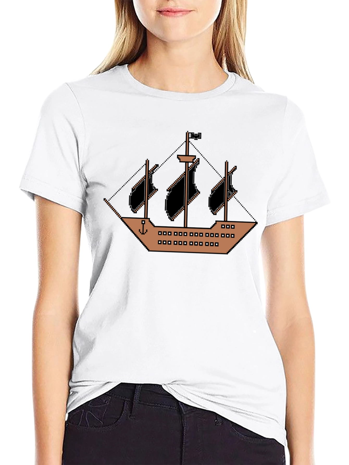 Pixel Pirate Ship Black T-Shirt