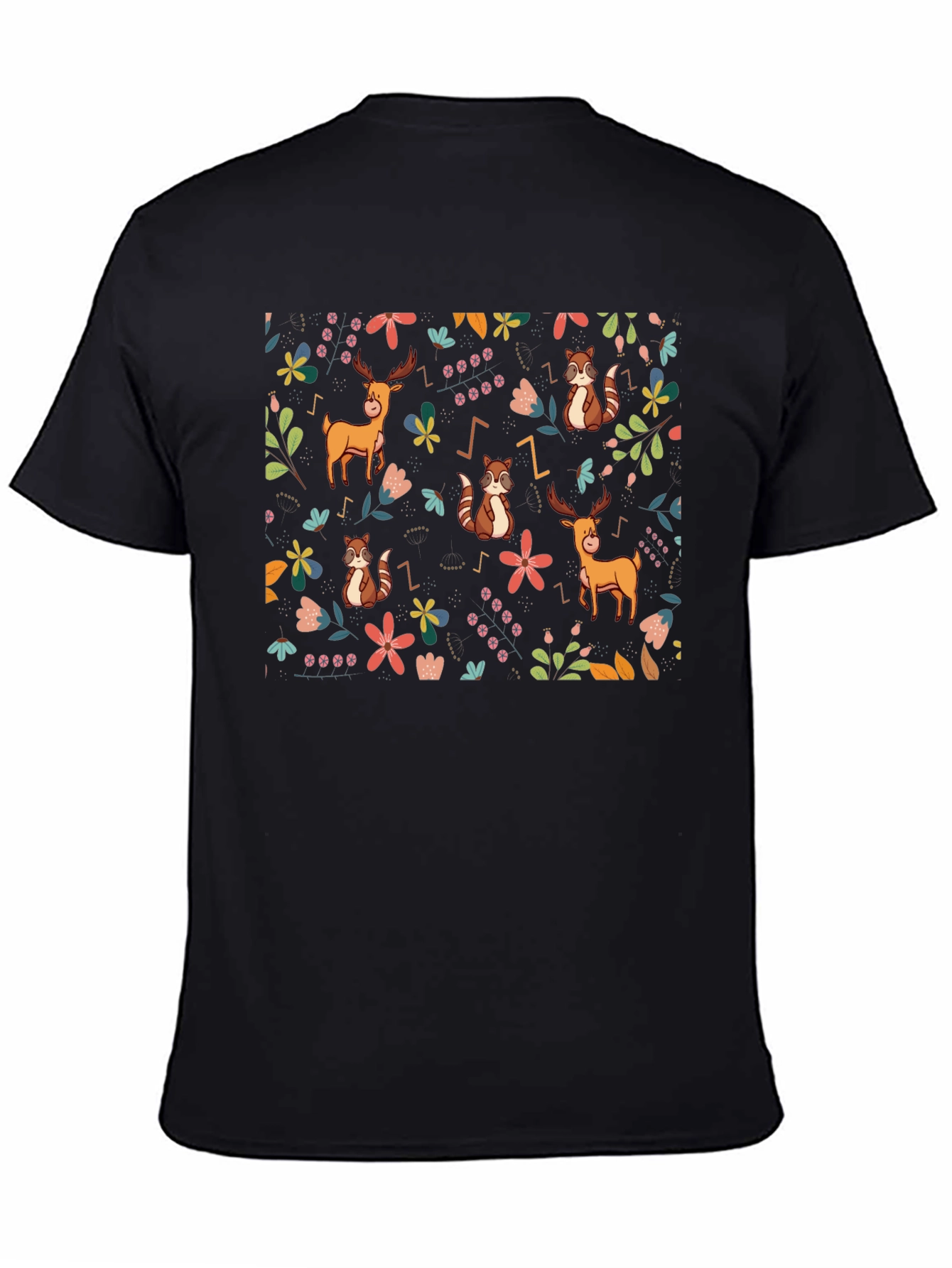 Whimsical Forest Print Black T-Shirt
