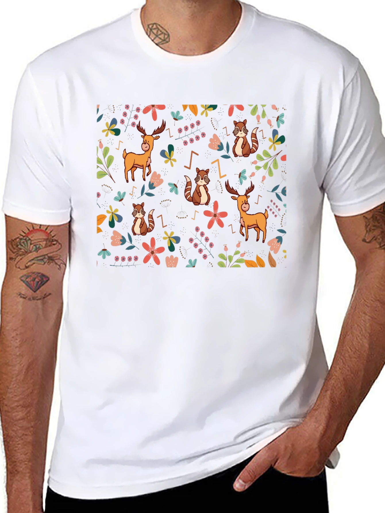 Whimsical Forest Print Black T-Shirt