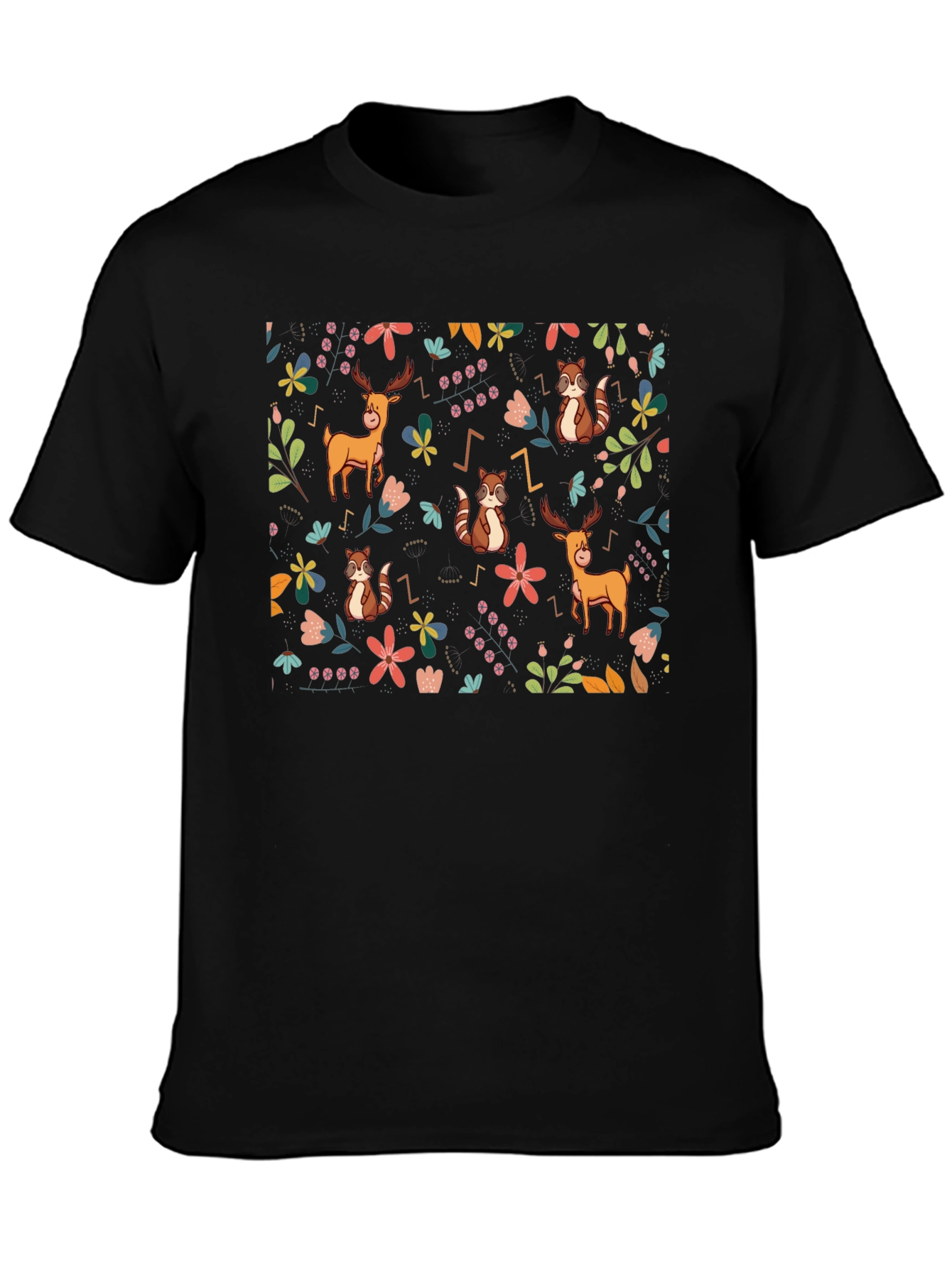 Whimsical Forest Print Black T-Shirt