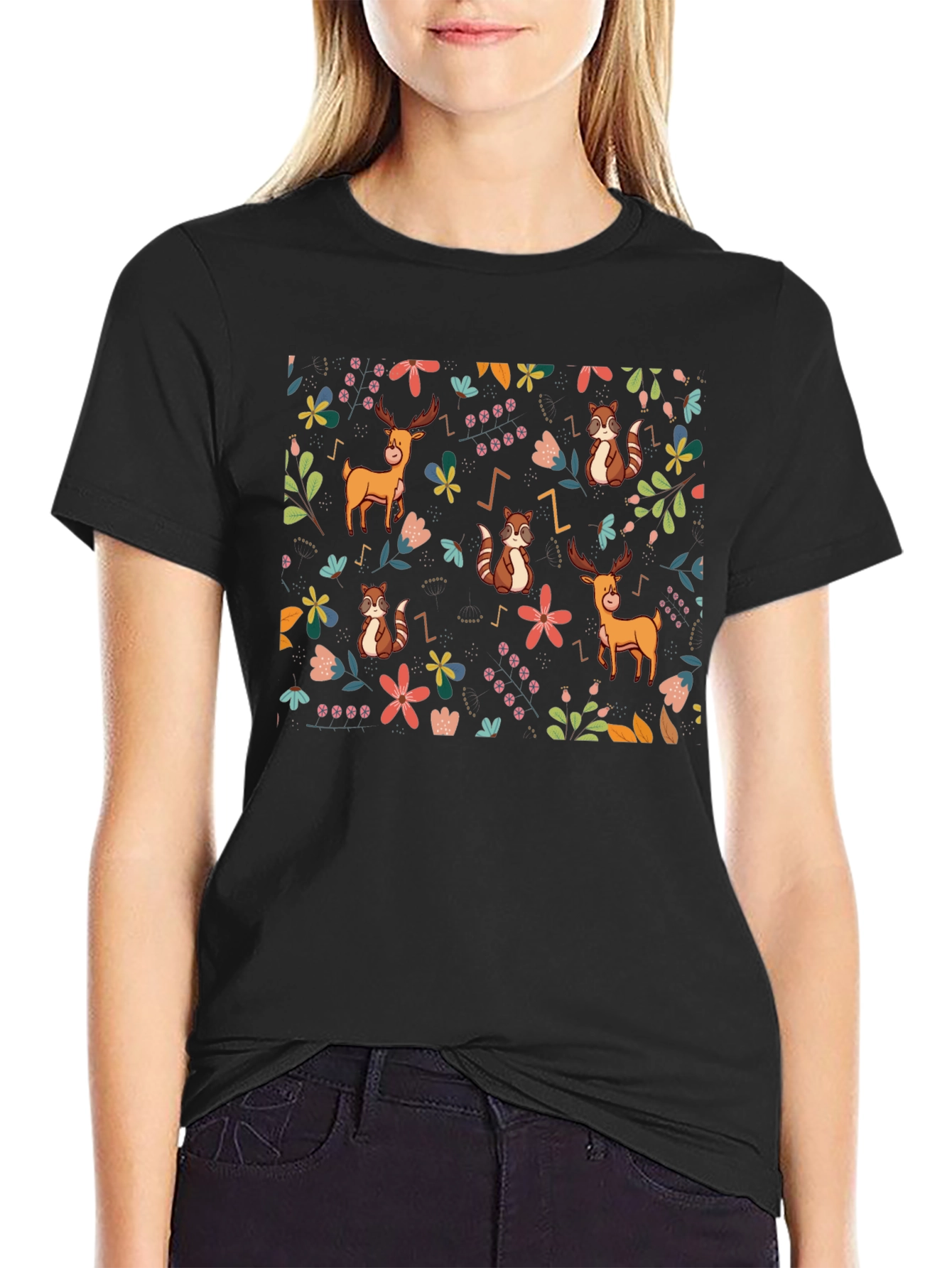 Whimsical Forest Print Black T-Shirt