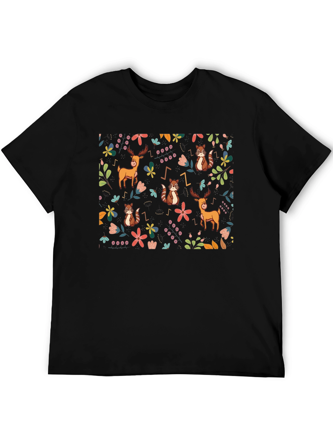 Whimsical Forest Print Black T-Shirt