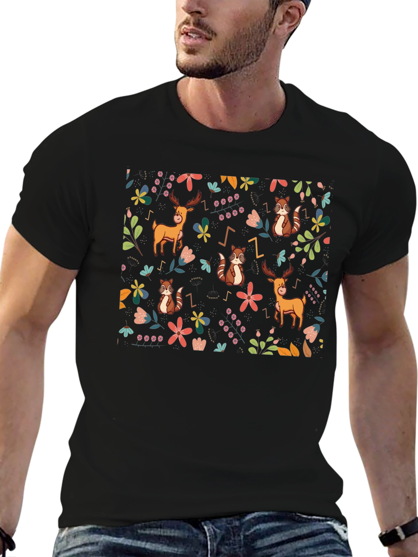 Whimsical Forest Print Black T-Shirt