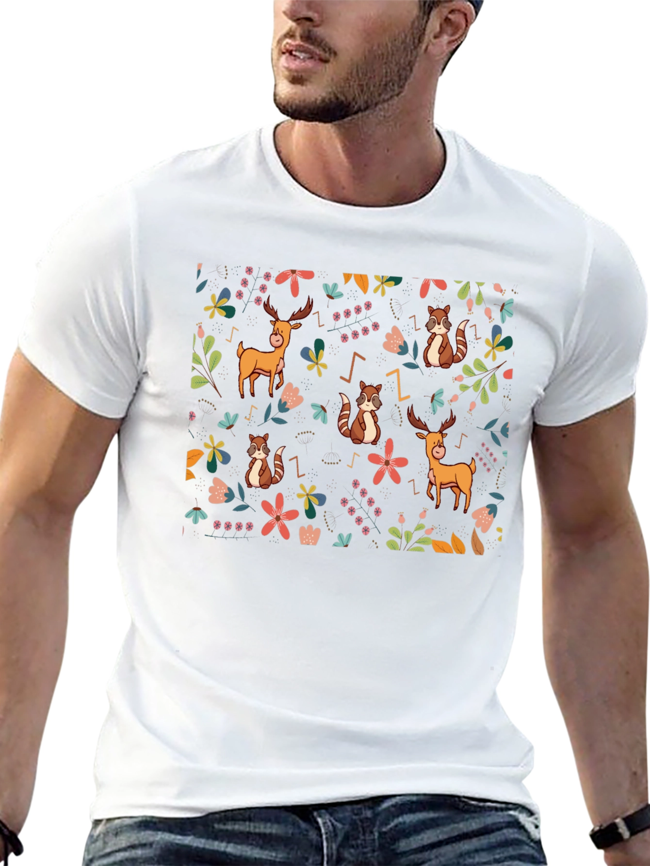 Whimsical Forest Print Black T-Shirt