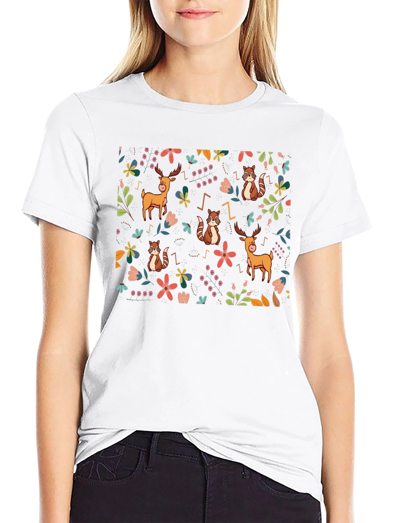 Whimsical Forest Print Black T-Shirt