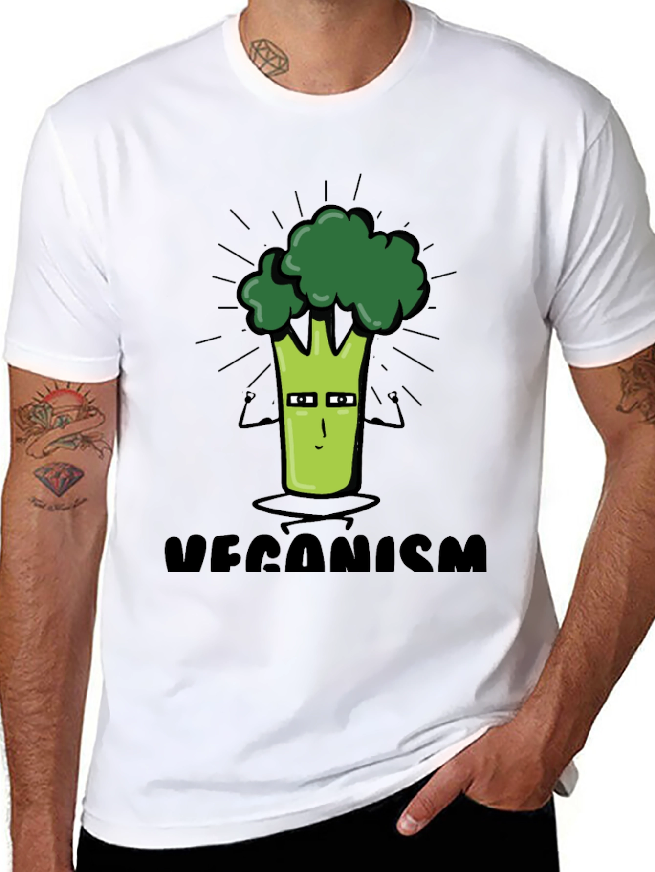 Veganism Cartoon Broccoli Black T-Shirt