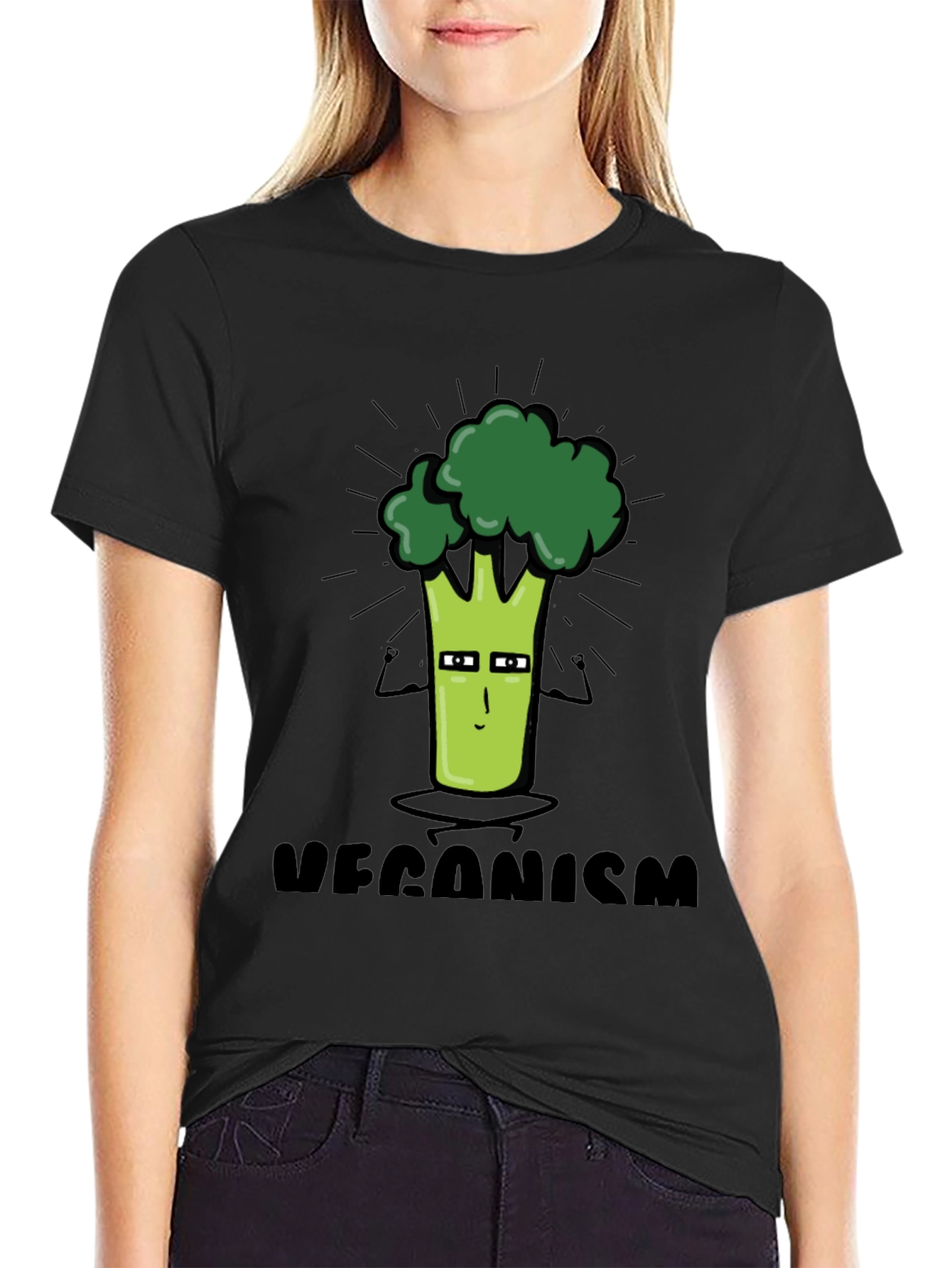Veganism Cartoon Broccoli Black T-Shirt