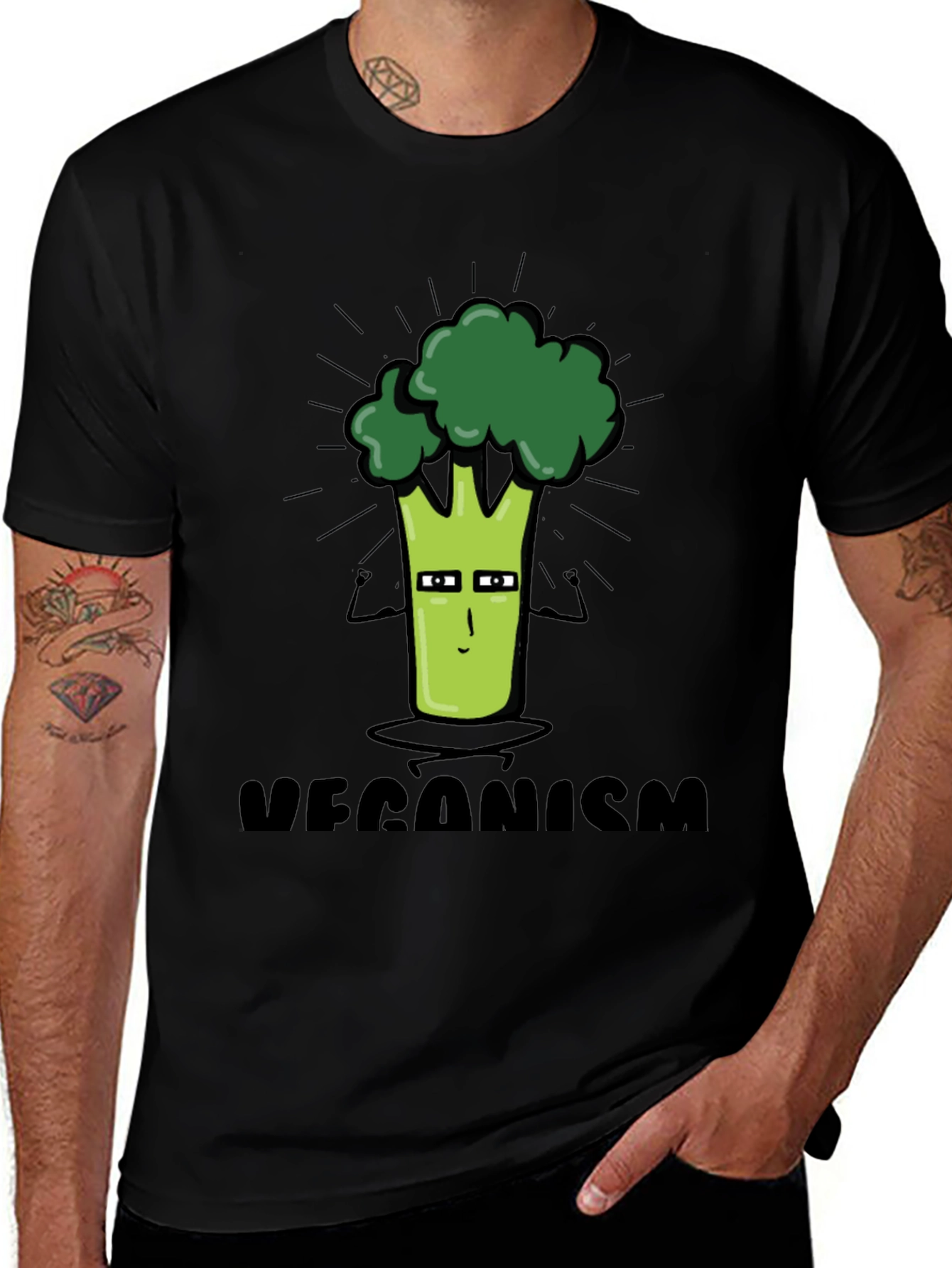 Veganism Cartoon Broccoli Black T-Shirt