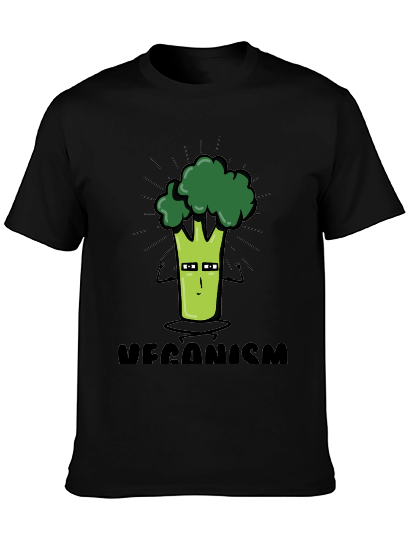 Veganism Cartoon Broccoli Black T-Shirt