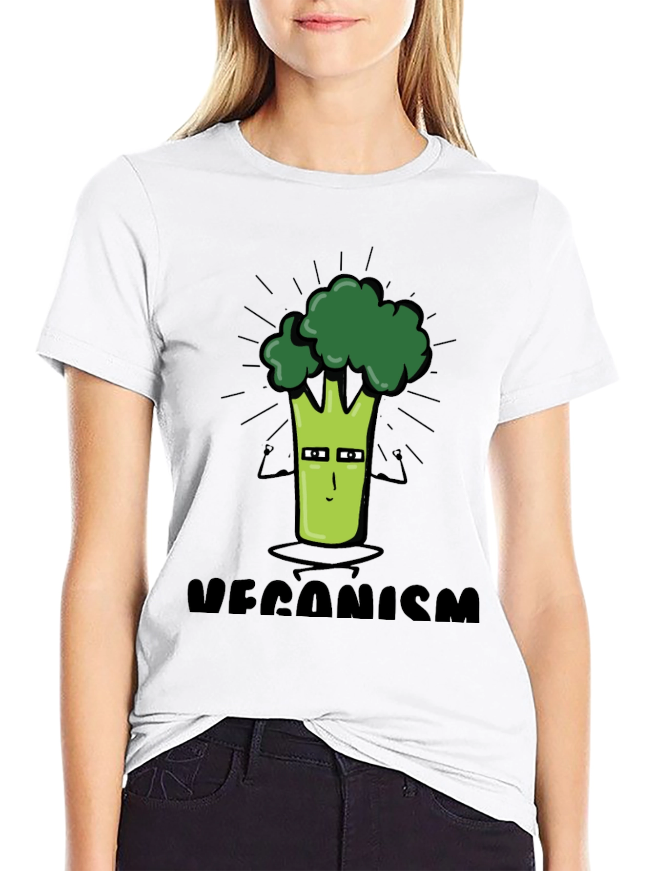 Veganism Cartoon Broccoli Black T-Shirt