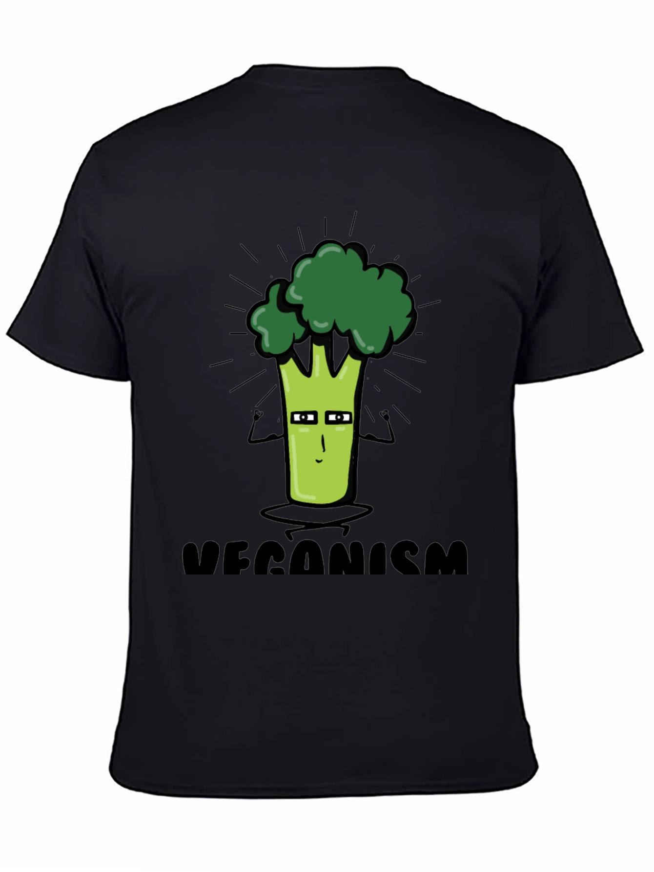 Veganism Cartoon Broccoli Black T-Shirt