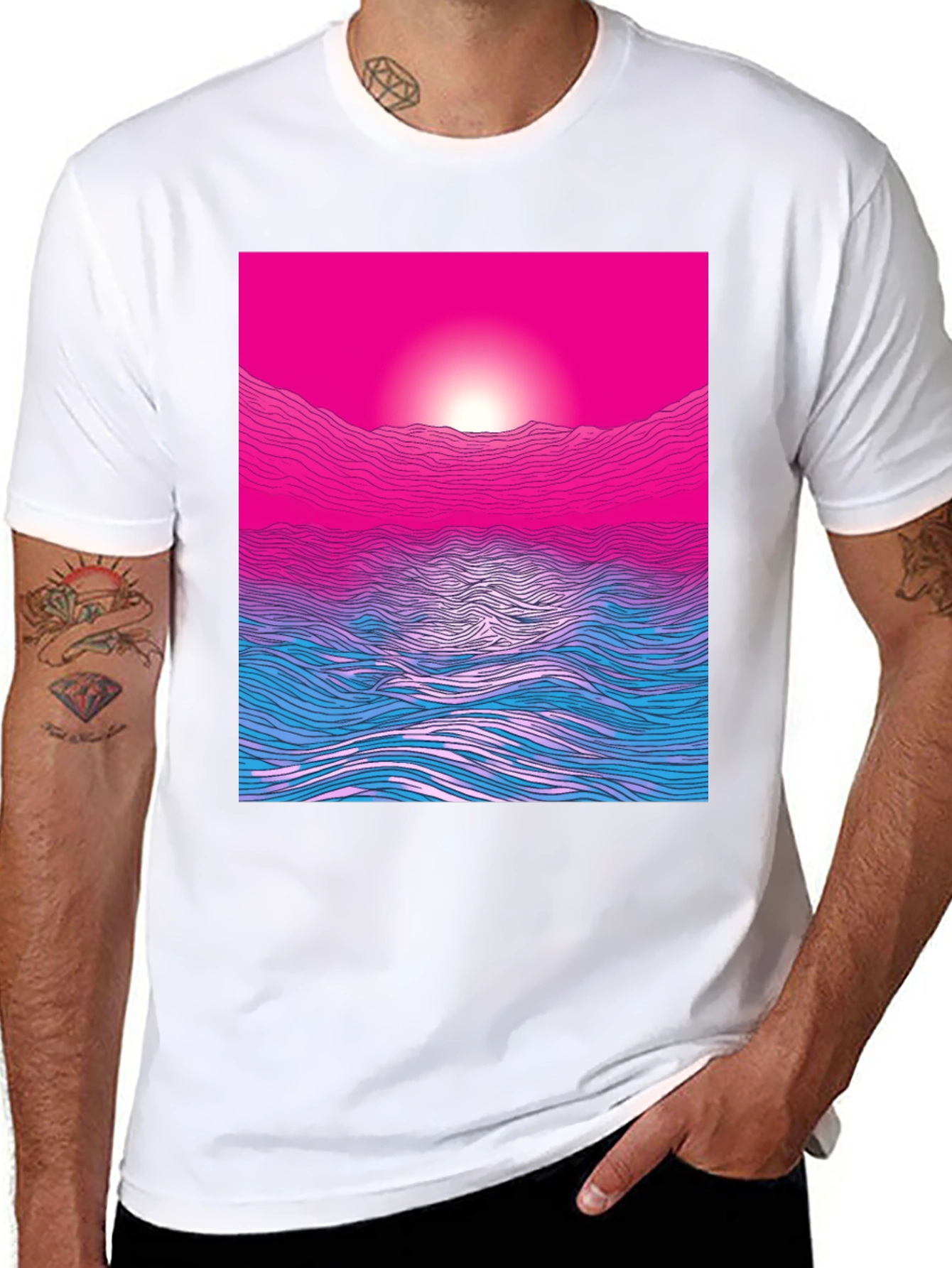 Sunset Waves Graphic Tee - Modern Print Soft Cotton