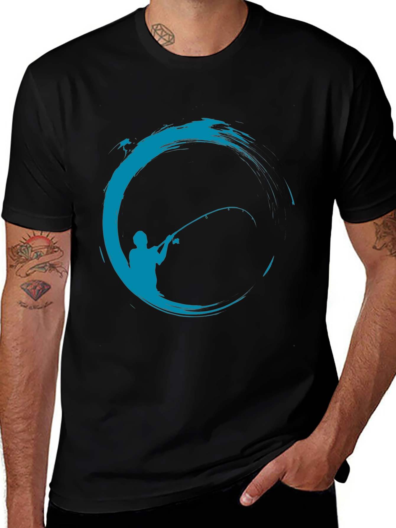 Fishing Graphic T-Shirt - Black Cotton Blend