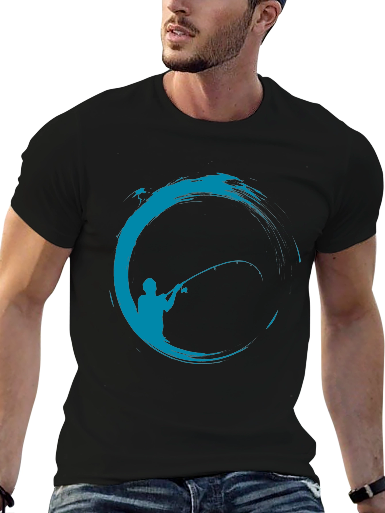 Fishing Graphic T-Shirt - Black Cotton Blend