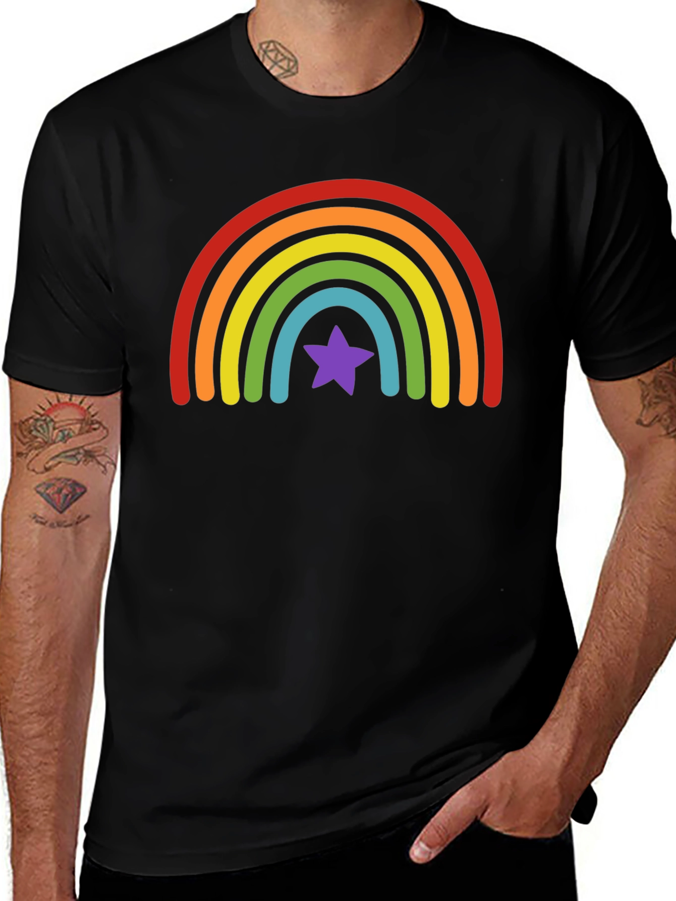 Rainbow Star Graphic Tee - Black Cotton Shirt