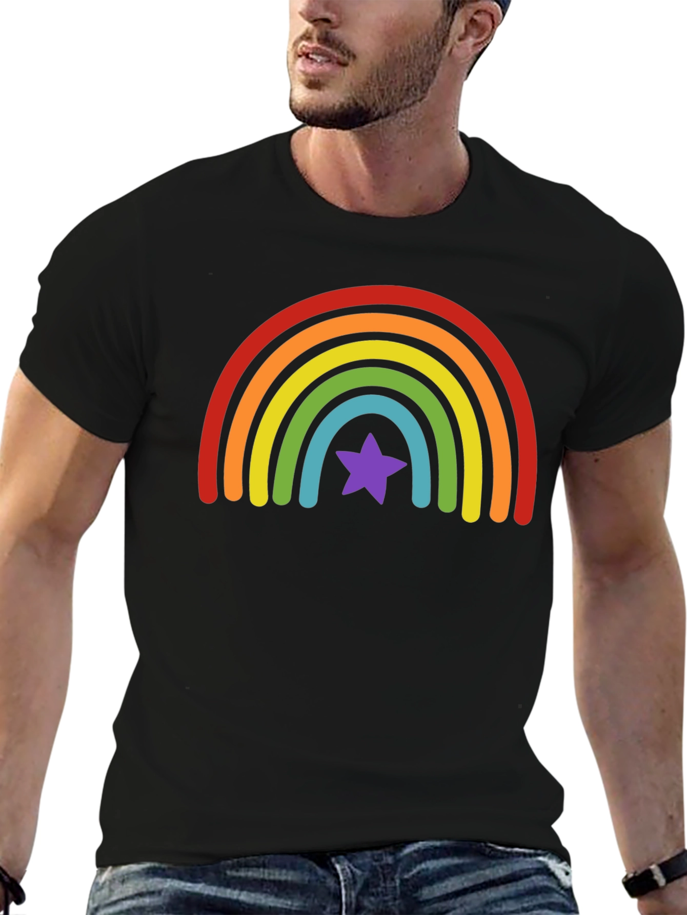 Rainbow Star Graphic Tee - Black Cotton Shirt