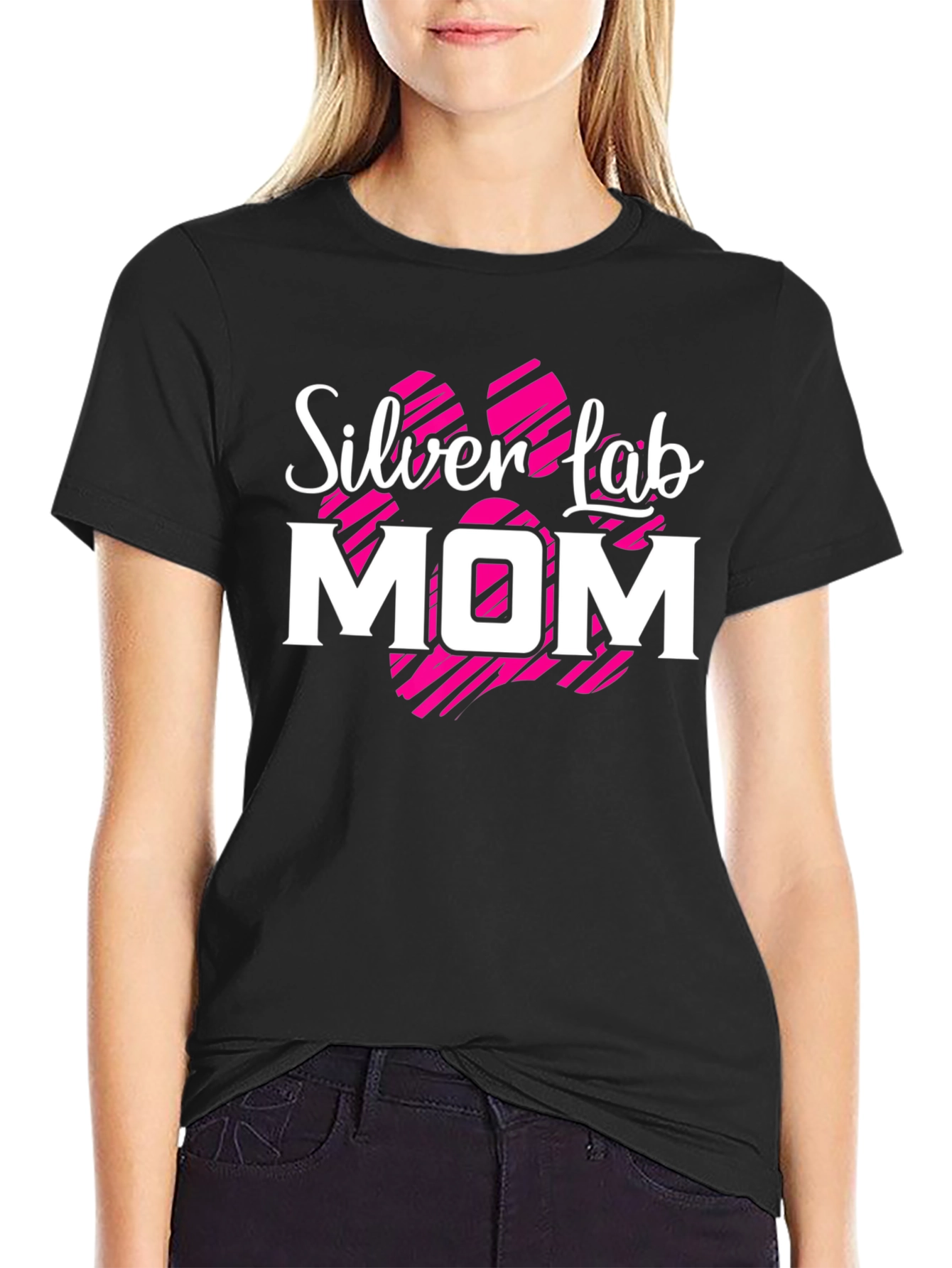 Silver Lab Mom Black T-Shirt Dog Paw Print Design