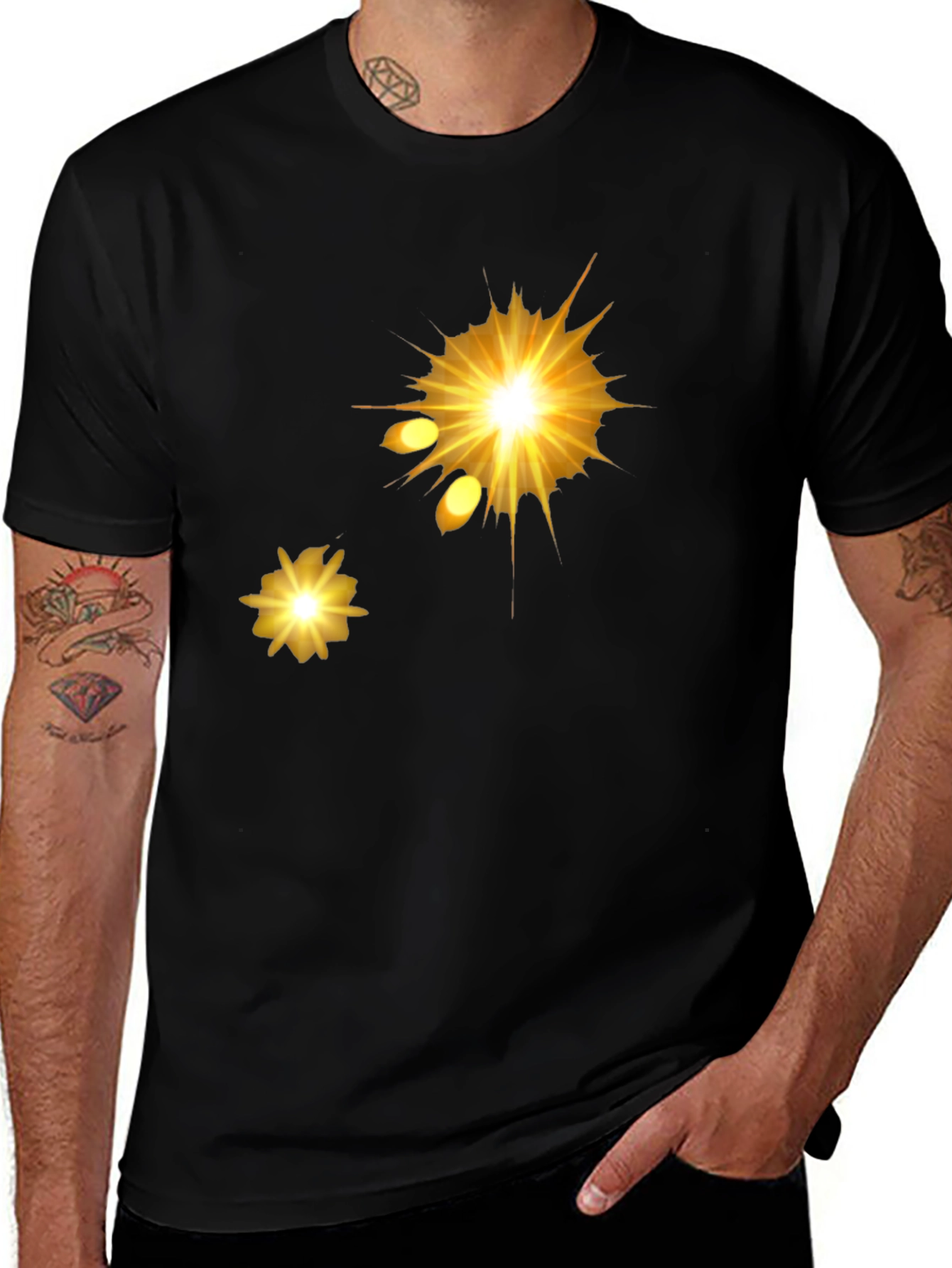 Mens Black Graphic Tee - Golden Explosion Design