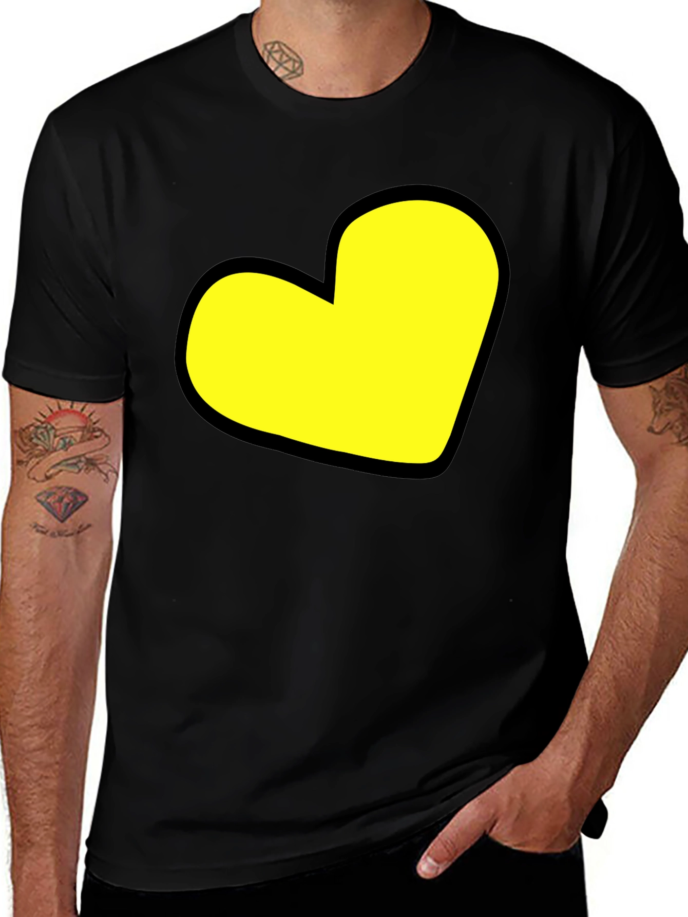 Black T-Shirt with Yellow Heart Graphic