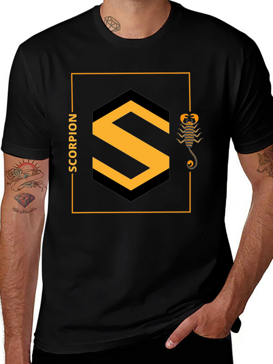 Scorpion Graphic Tee - Modern Hexagon Design Black Cotton Shirt