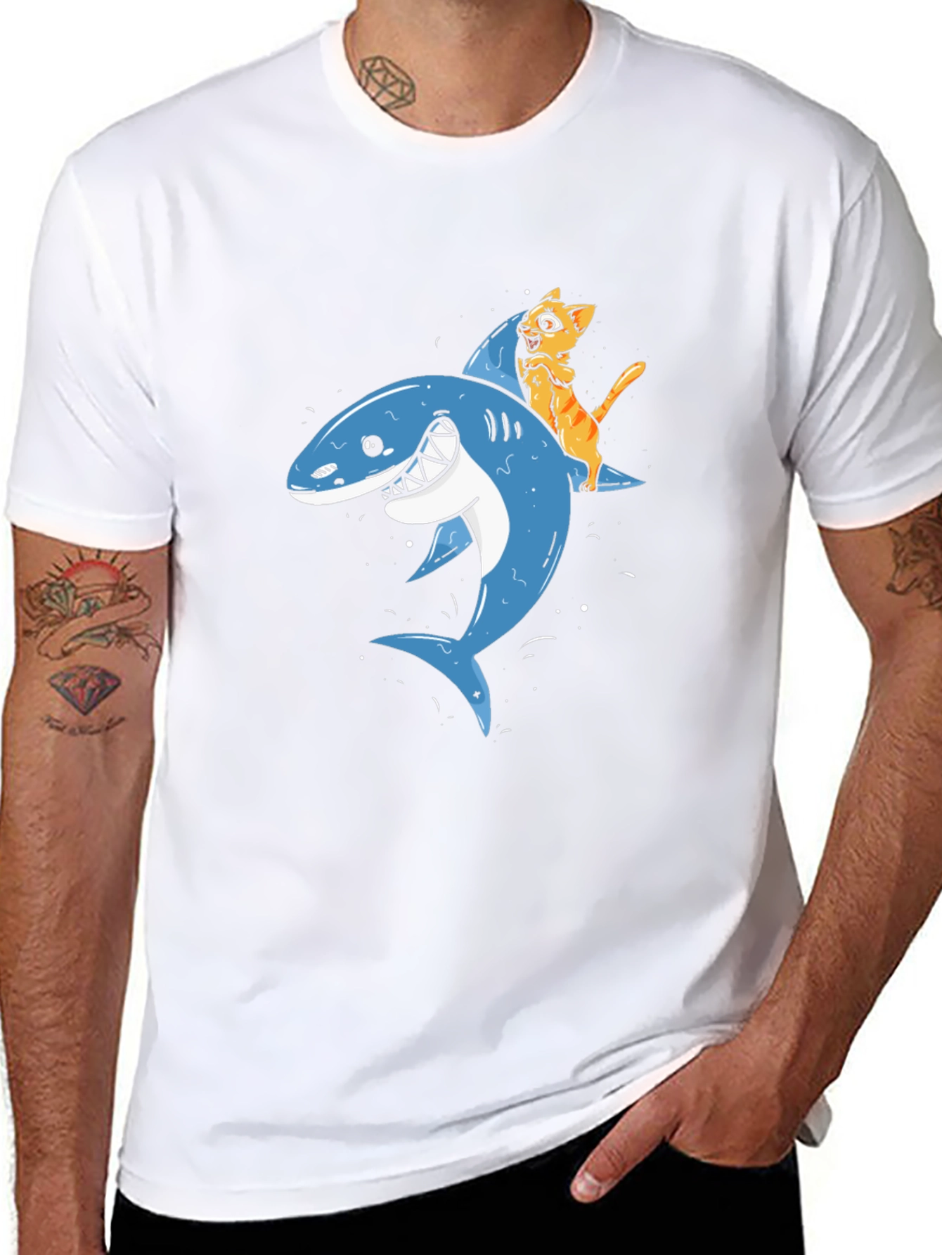 Cat Riding Shark Black T-Shirt