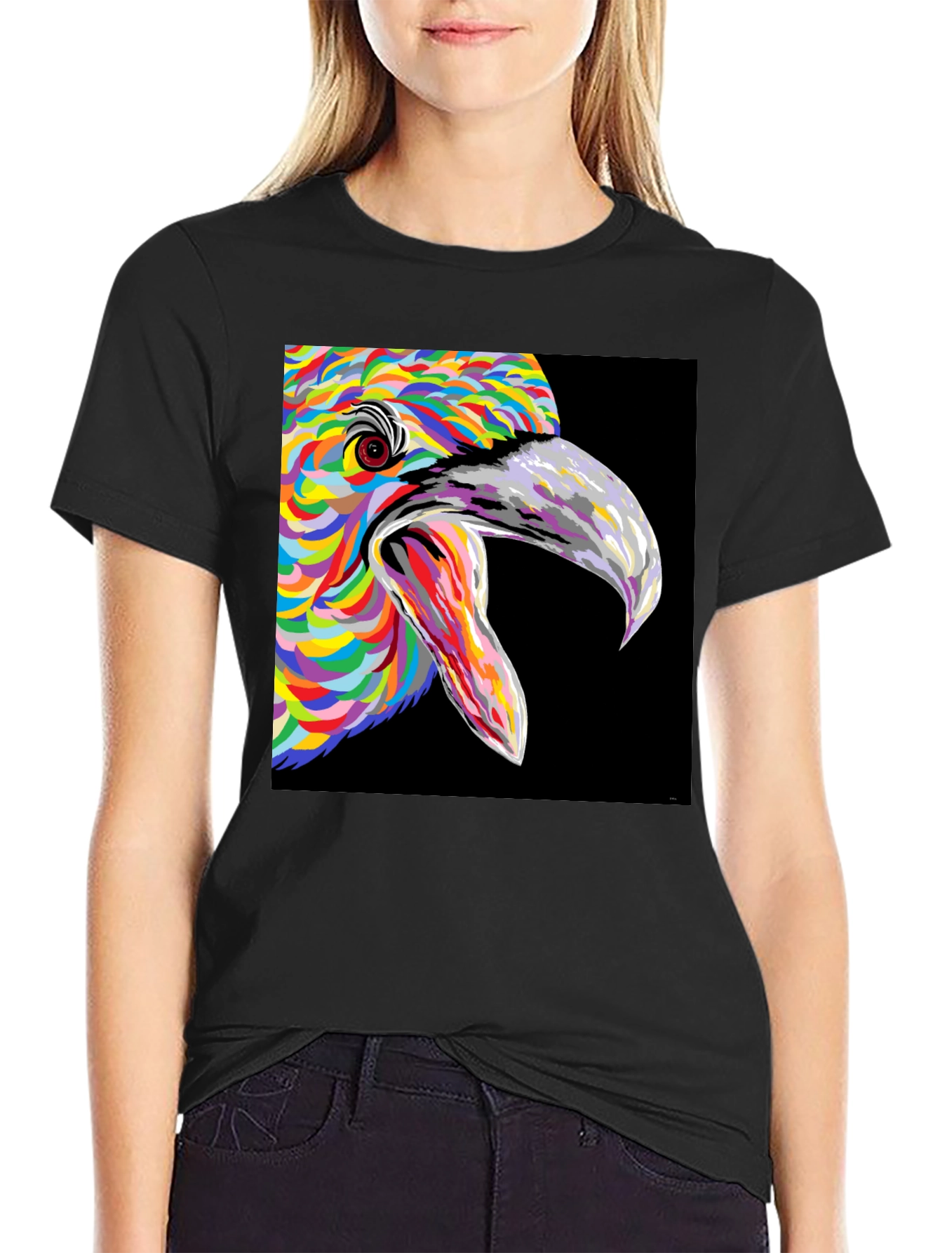 Vibrant Bird Art Graphic Tee - Black Unisex T-Shirt