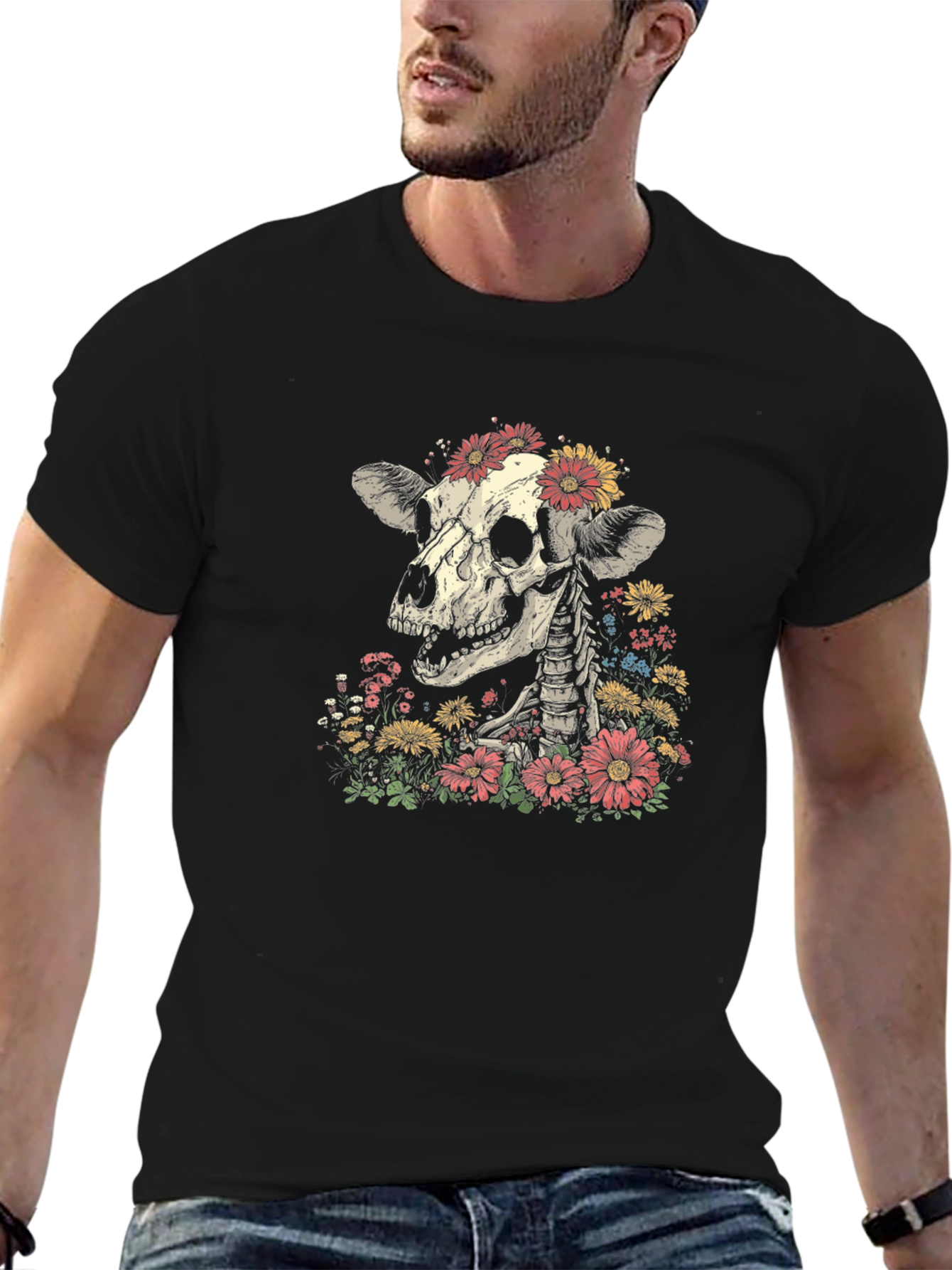 Floral Skull Graphic T-Shirt - Black